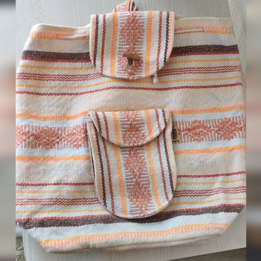 Artesanias Mr Pinzon Orange, Brown and Cream Woven Backpack Bag